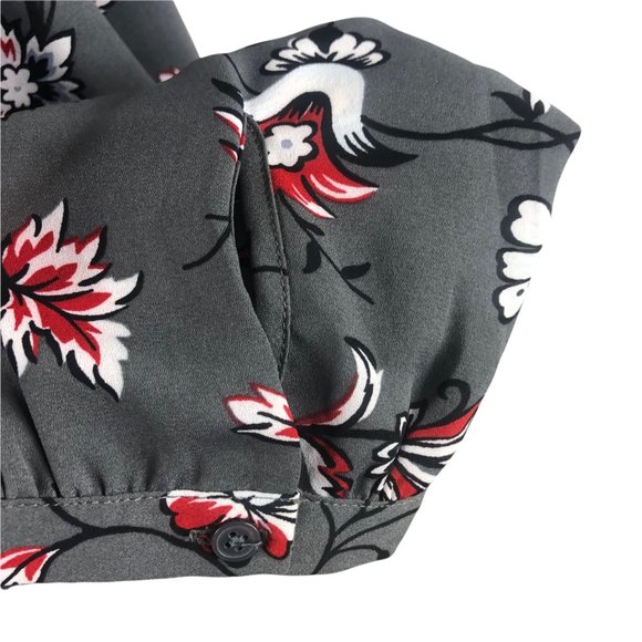 Loft Dark Gray Red Black Floral Long Sleeve Blouse with Ruffles size Medium - Picture 6 of 8